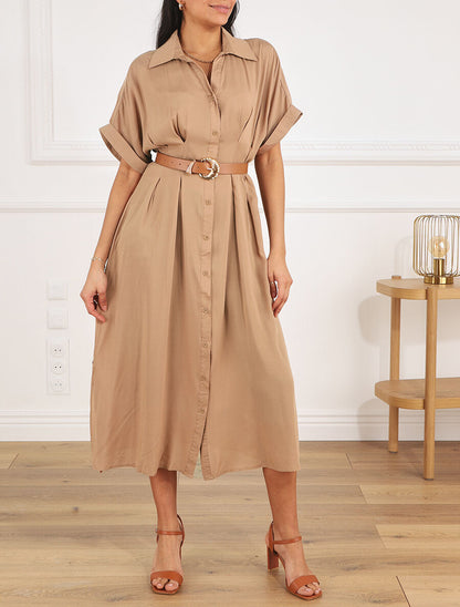 Robe chemise longue ceinturée - Camel - 4