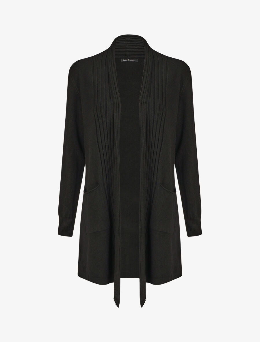 Gilet long uni à bords côtelés - Noir - 4