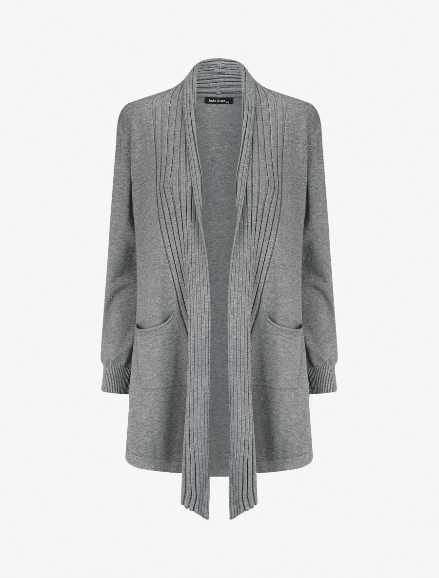 Gilet long uni à bords côtelés - Gris - 4