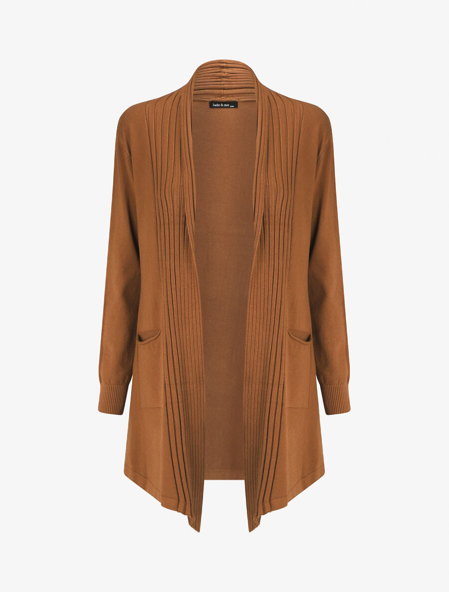 Gilet long uni à bords côtelés - Camel - 7