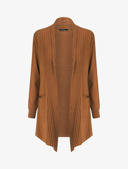 Gilet long uni à bords côtelés - Camel - 7