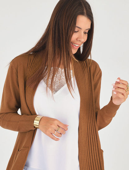 Gilet long uni à bords côtelés - Camel - 6