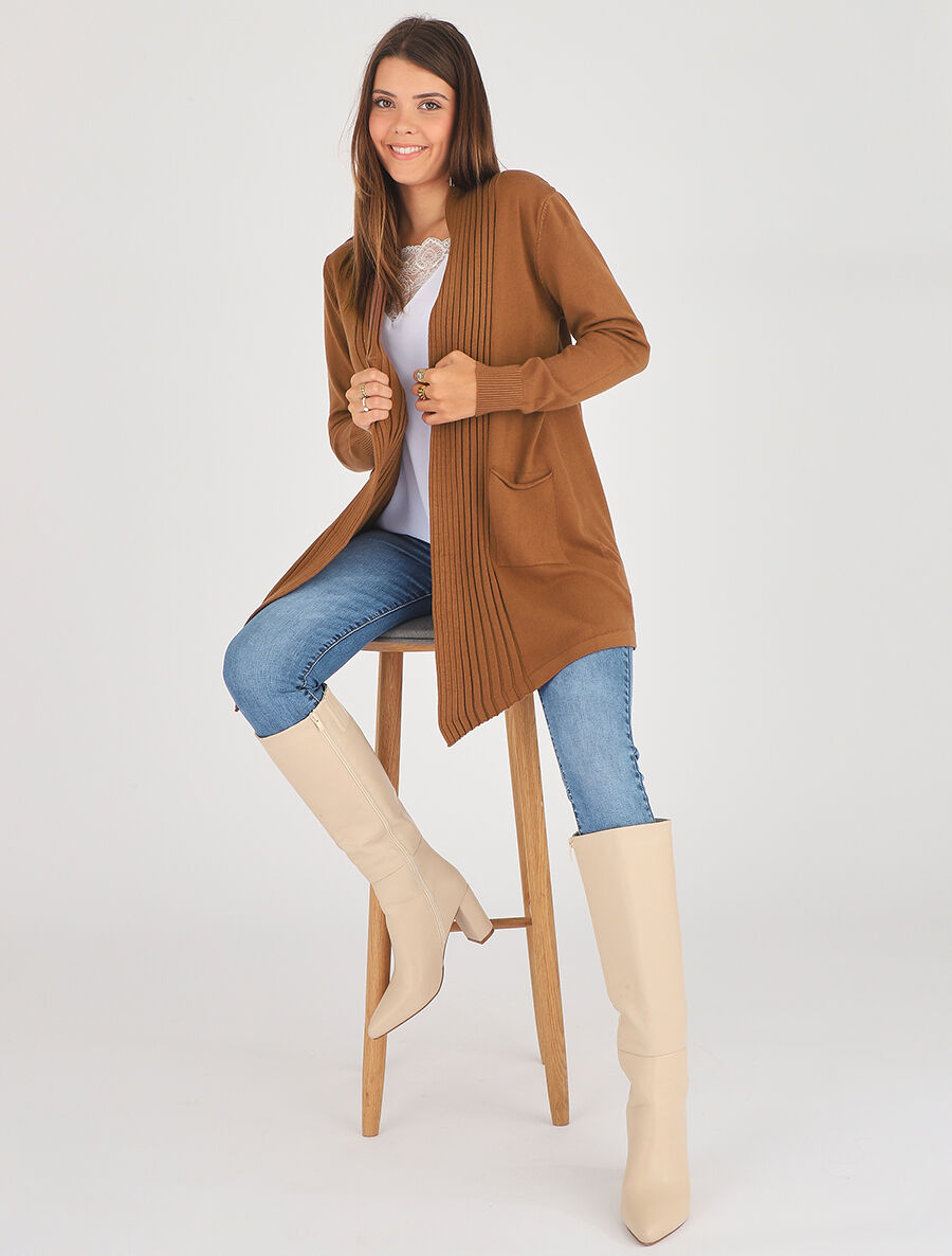 Gilet long uni à bords côtelés - Camel - 4