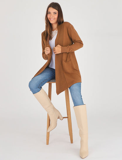 Gilet long uni à bords côtelés - Camel - 4