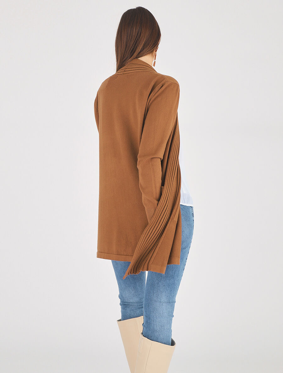 Gilet long uni à bords côtelés - Camel - 5