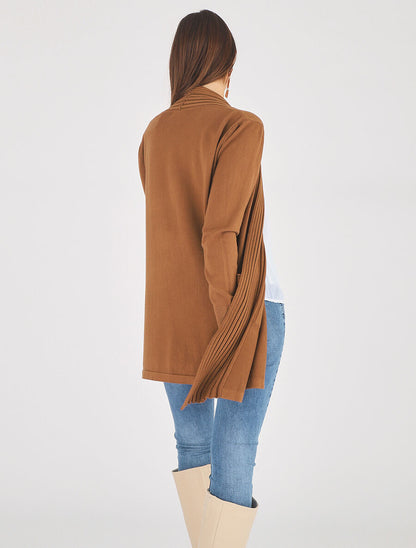 Gilet long uni à bords côtelés - Camel - 5