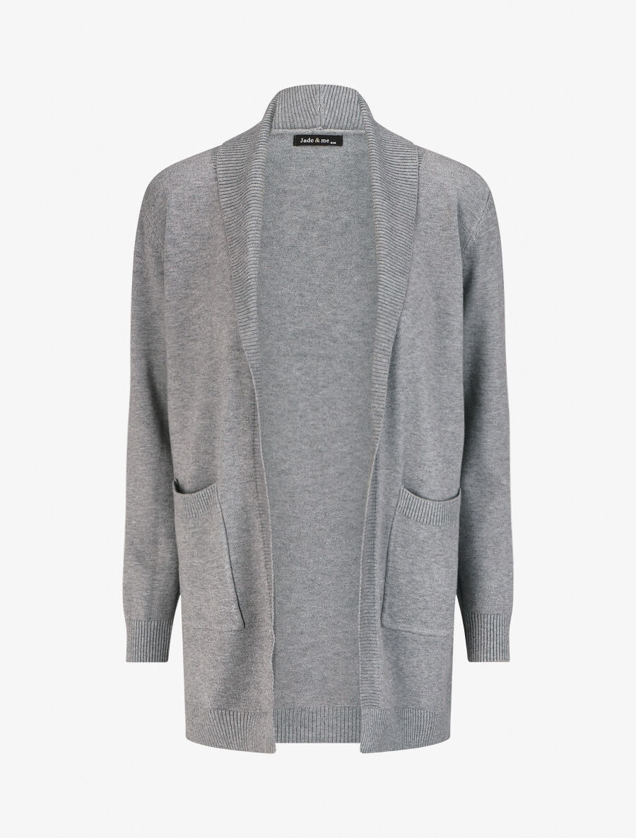 Gilet mi-long uni à bords côtelés - Gris clair - 1