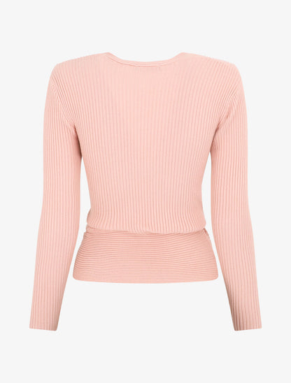 Pull côtelé uni à col cache-coeur - Rose - 2
