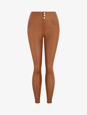 Pantalon slim taille haute effet ciré - Camel - 1