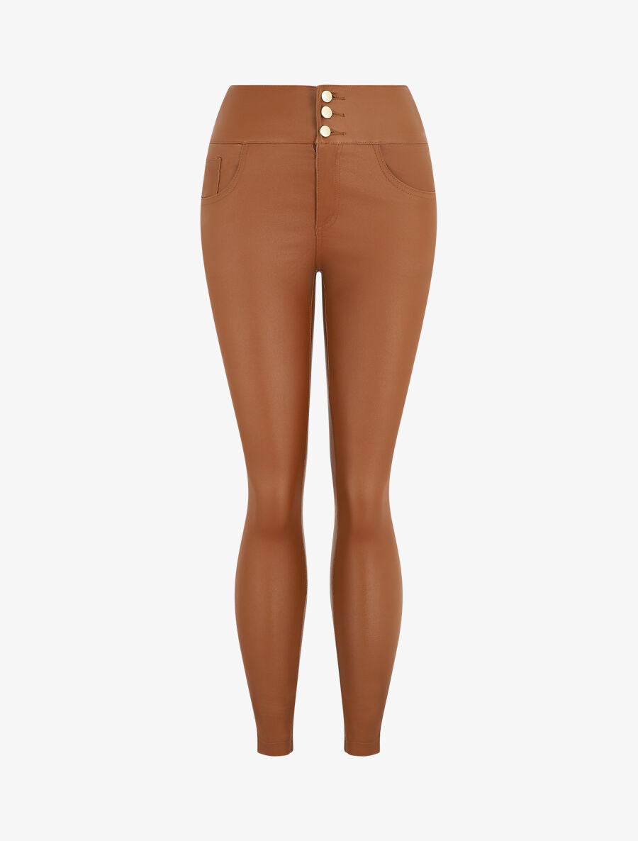 Pantalon slim taille haute effet ciré - Camel - 1