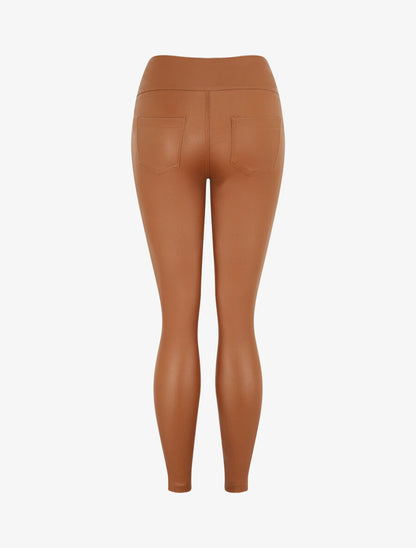 Pantalon slim taille haute effet ciré - Camel - 2