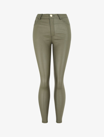 Pantalon slim effet ciré - Kaki - 1