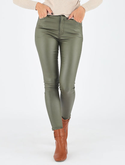 Pantalon slim effet ciré - Kaki - 4