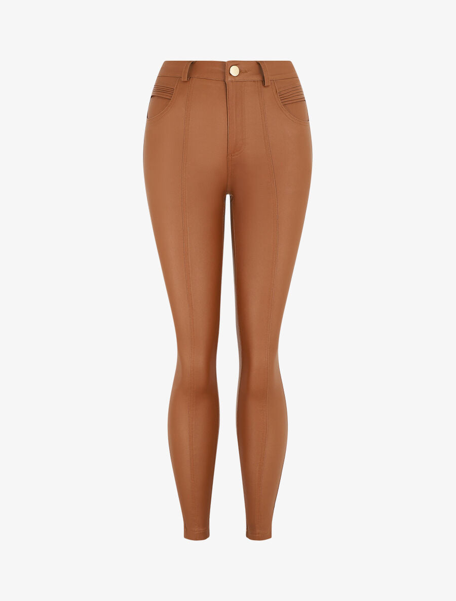 Pantalon taille haute en simili - Camel - 1
