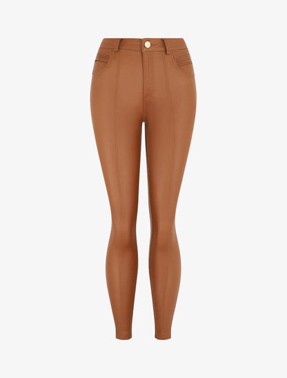 Pantalon taille haute en simili - Camel - 1