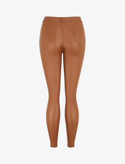 Pantalon taille haute en simili - Camel - 2