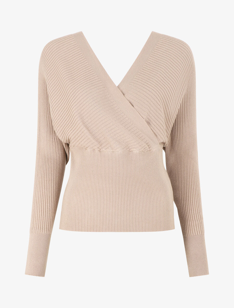 Pull côtelé ajusté col cache-coeur - Beige - 1