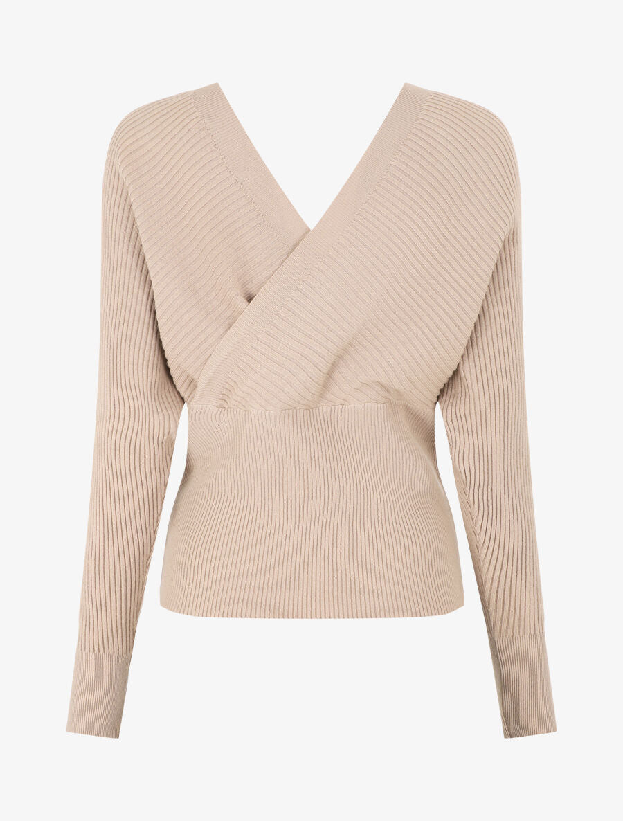 Pull côtelé ajusté col cache-coeur - Beige - 2
