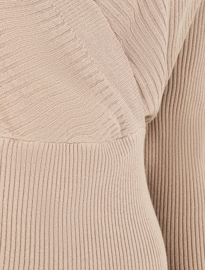 Pull côtelé ajusté col cache-coeur - Beige - 3