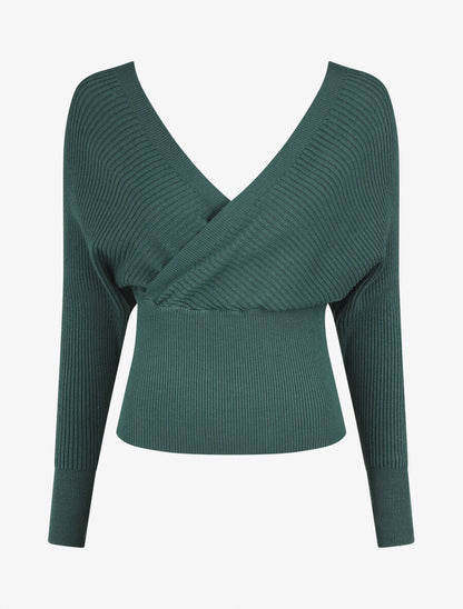 Pull côtelé ajusté col cache-coeur - Vert foncé - 4