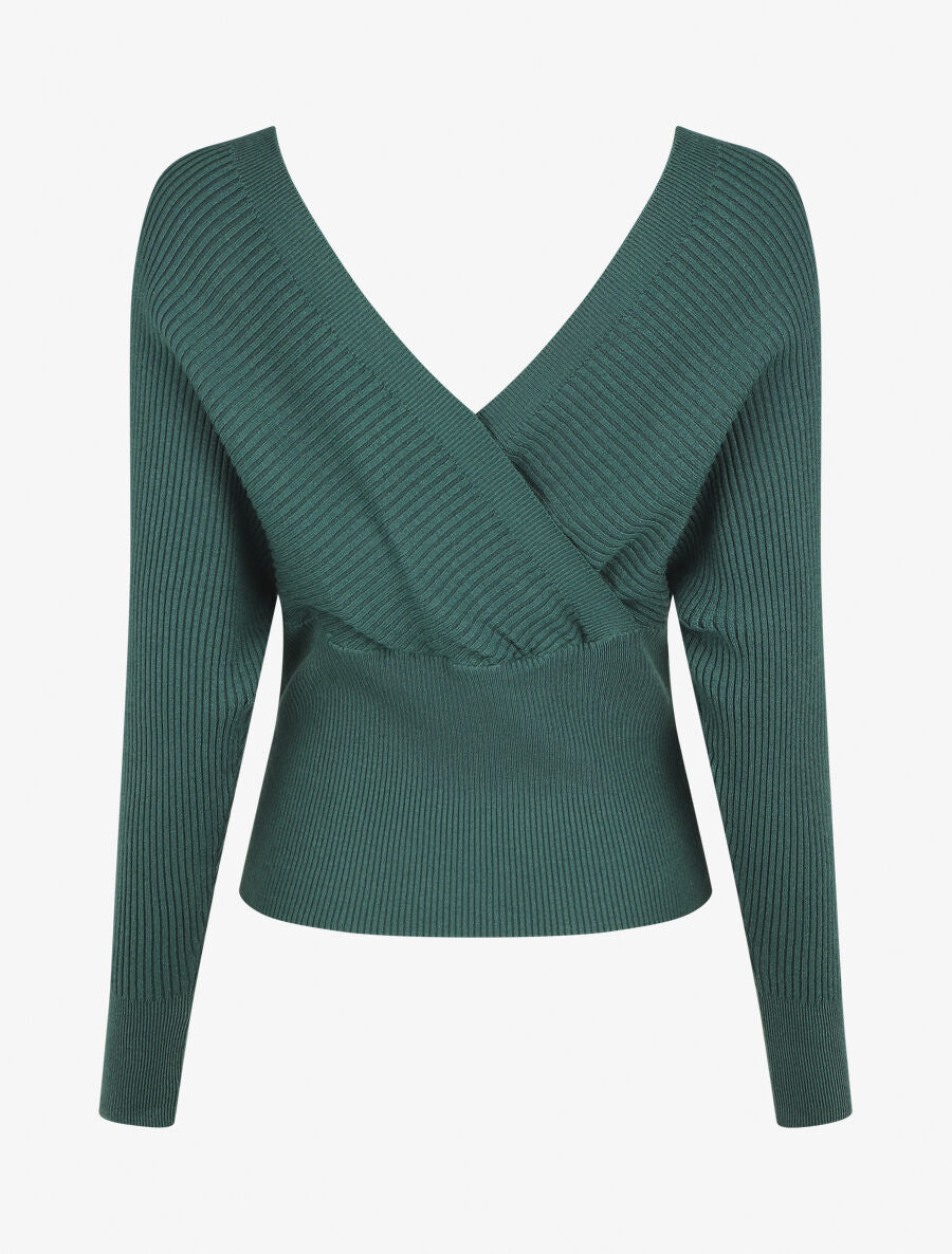 Pull côtelé ajusté col cache-coeur - Vert foncé - 2