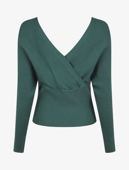 Pull côtelé ajusté col cache-coeur - Vert foncé - 2