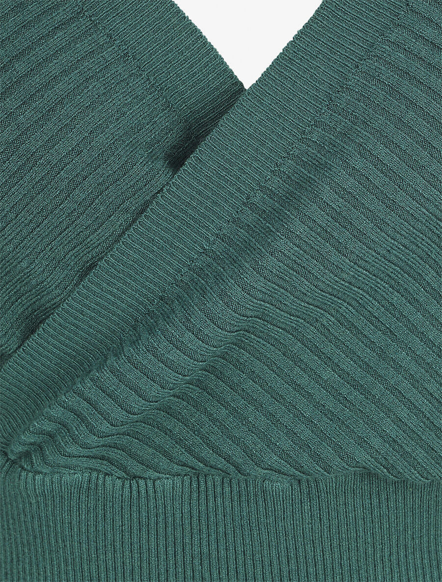 Pull côtelé ajusté col cache-coeur - Vert foncé - 3