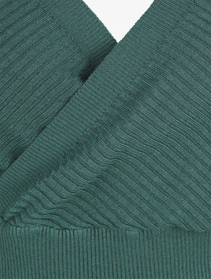 Pull côtelé ajusté col cache-coeur - Vert foncé - 3