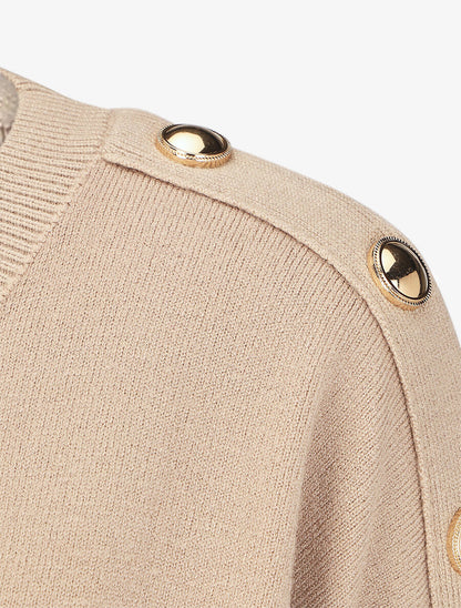 Pull fin à col rond et boutons décoratifs - Beige - 6