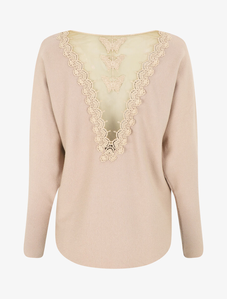 Pull côtelé à dos ajouré - Beige - 2