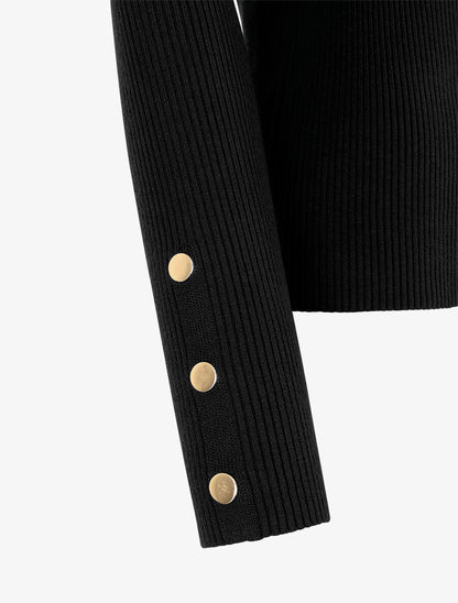Pull côtelé à boutons décoratifs aux manches - Noir - 3