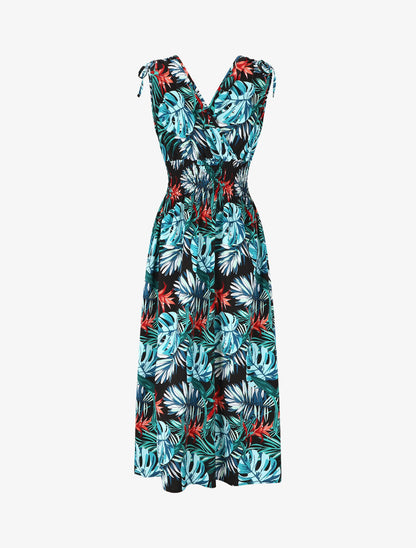 Robe longue élastiquée imprimé tropical - Bleu - 5