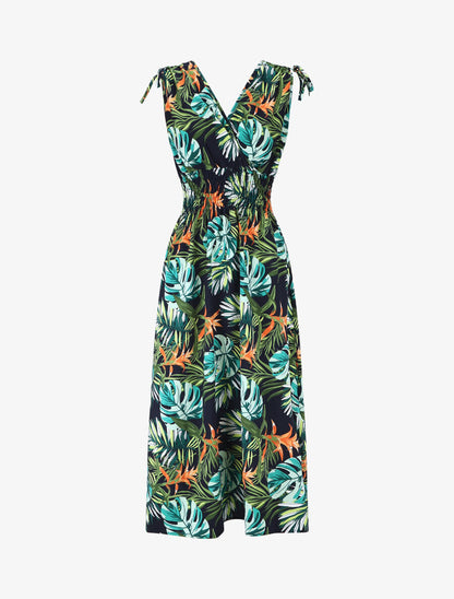 Robe longue élastiquée imprimé tropical - Vert - 5