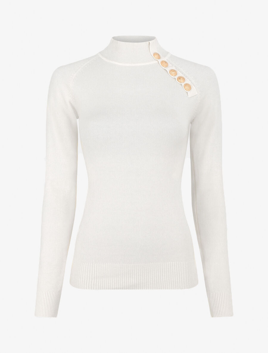 Pull fin uni et boutons décoratifs - Blanc - 1