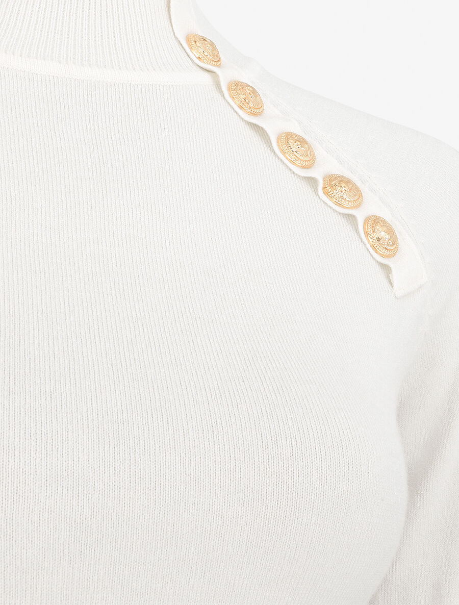 Pull fin uni et boutons décoratifs - Blanc - 3