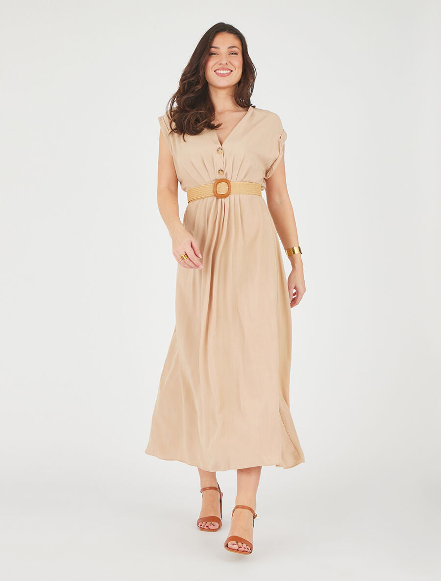 Robe longue unie élastiquée - Beige - 4