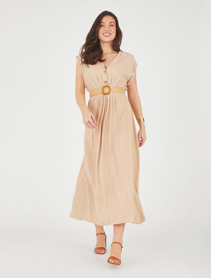 Robe longue unie élastiquée - Beige - 4