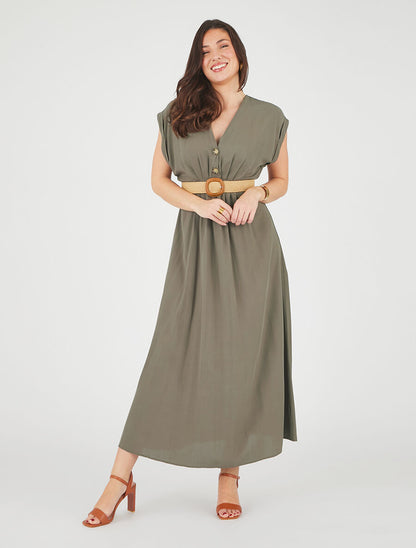 Robe longue unie élastiquée - Kaki - 4