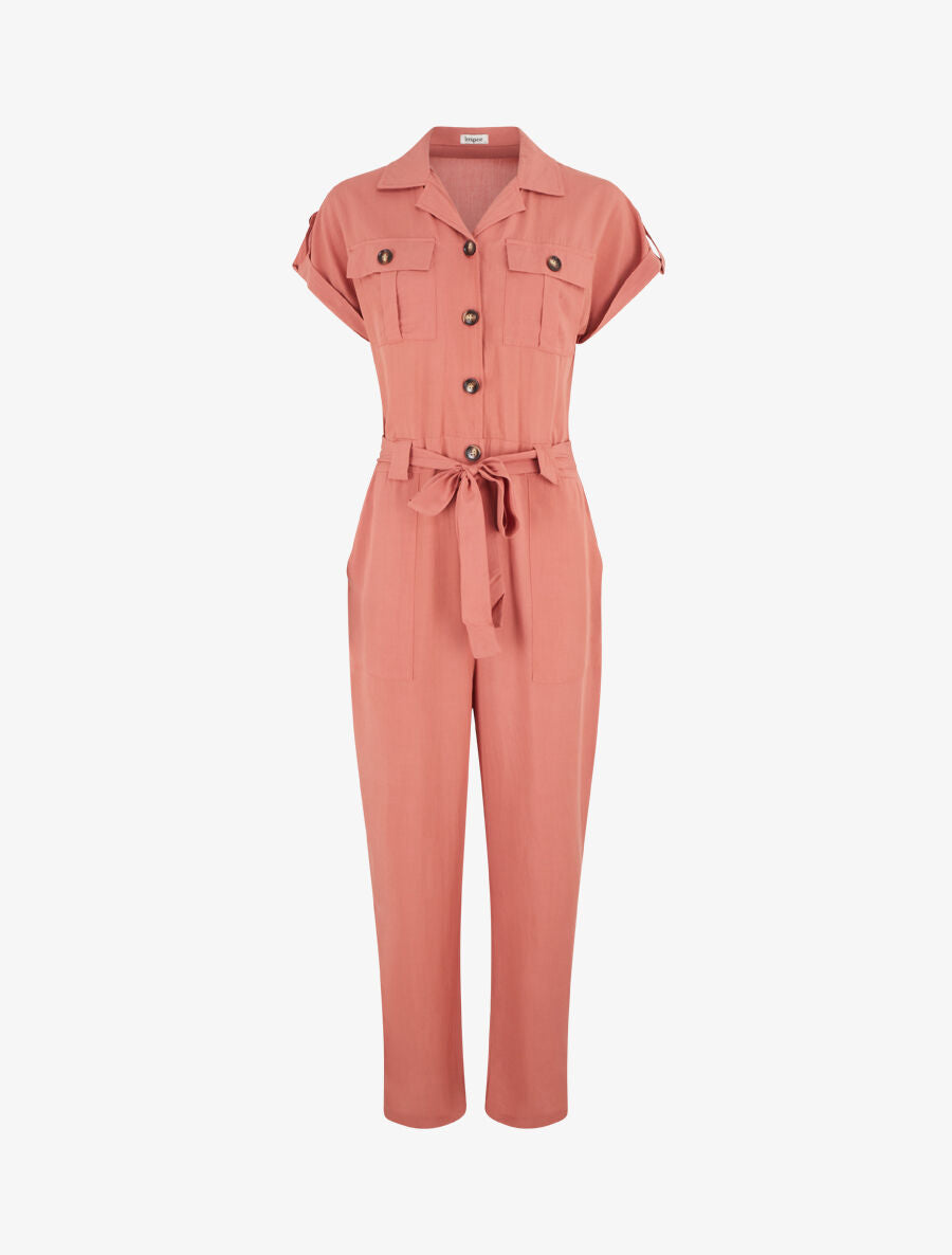Combinaison fluide unie et ceinturée - Rose corail - 4