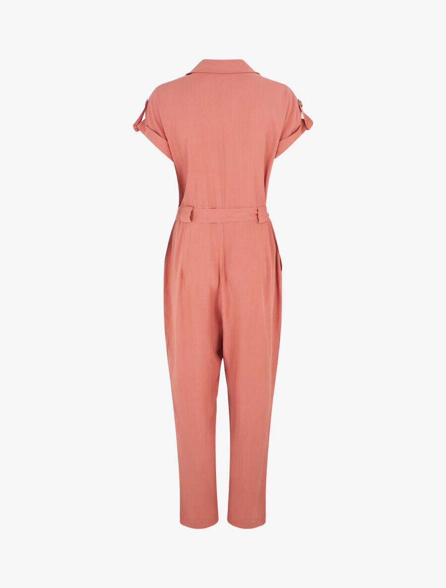 Combinaison fluide unie et ceinturée - Rose corail - 2
