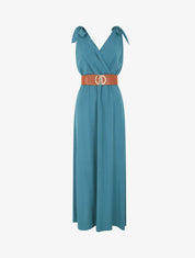 Robe longue à nœuds sur les épaules - Bleu canard - 1
