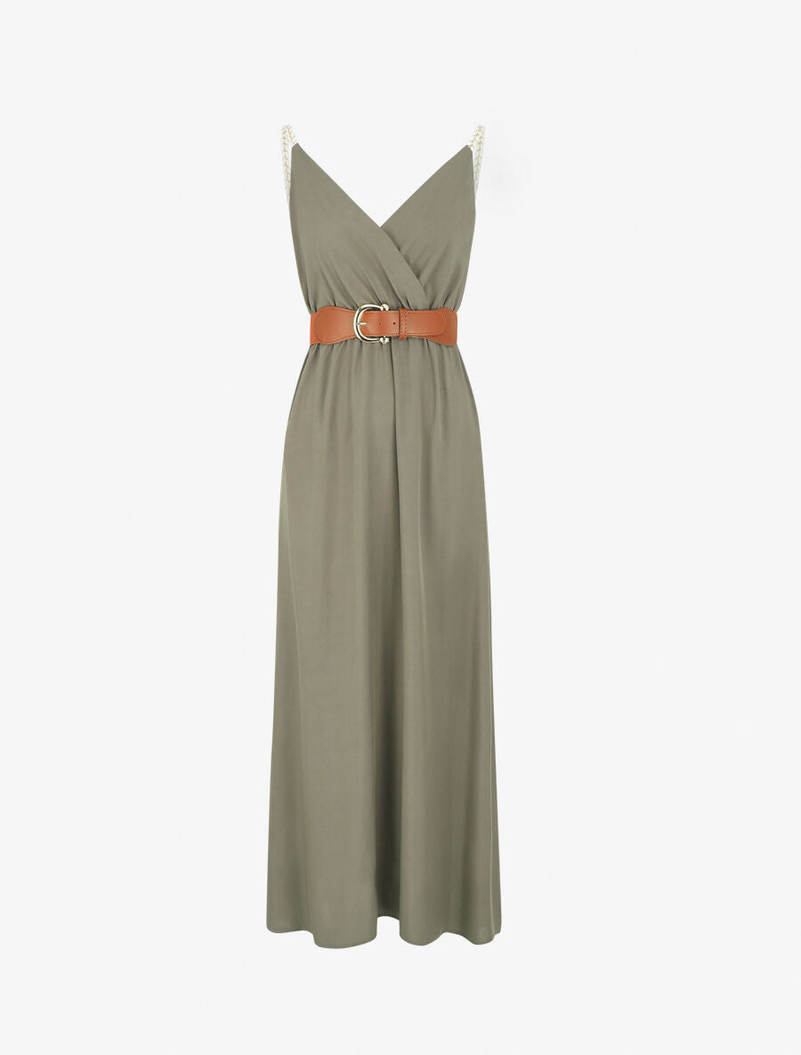 Robe longue unie à bretelles fantaisies - Kaki - 2
