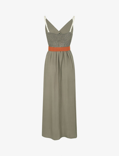 Robe longue unie à bretelles fantaisies - Kaki - 3