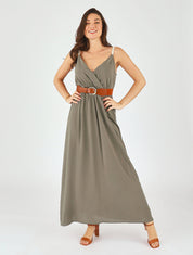 Robe longue unie à bretelles fantaisies - Kaki - 1