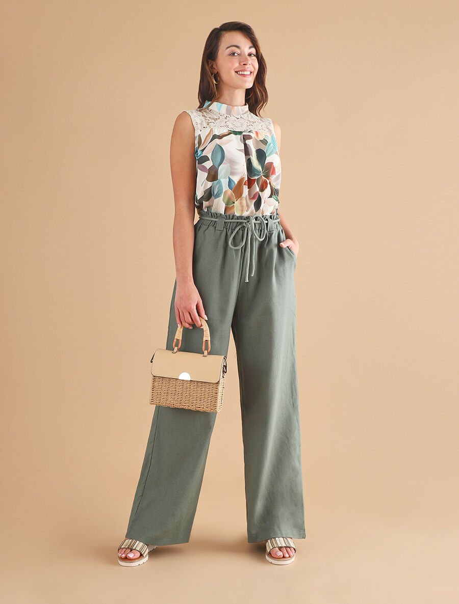 Pantalon élastiqué effet lin - Kaki - 4