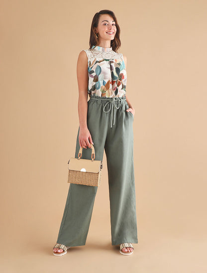 Pantalon élastiqué effet lin - Kaki - 4