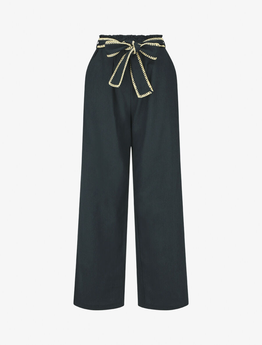 Pantalon élastiqué effet lin à ceinture stylisé - Marine - 1