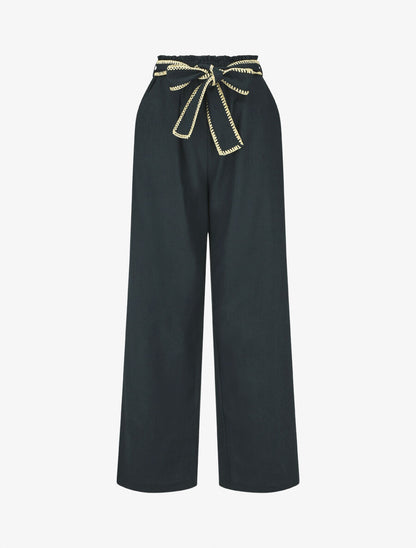 Pantalon élastiqué effet lin à ceinture stylisé - Marine - 1