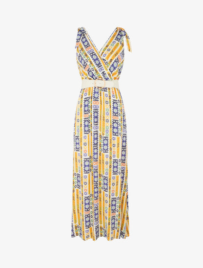 Robe imprimé mosaïque à nœuds aux épaules - Jaune - 1