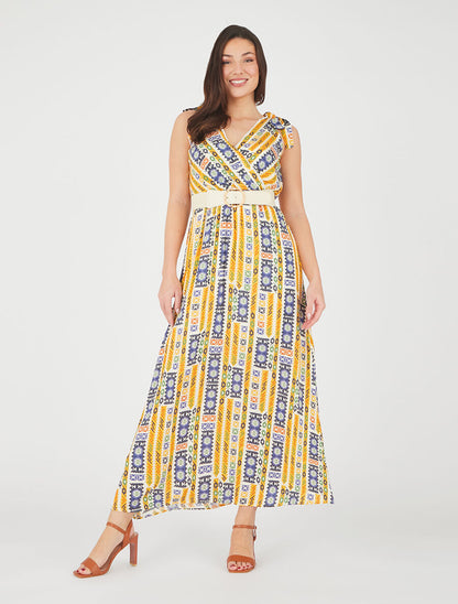 Robe imprimé mosaïque à nœuds aux épaules - Jaune - 4